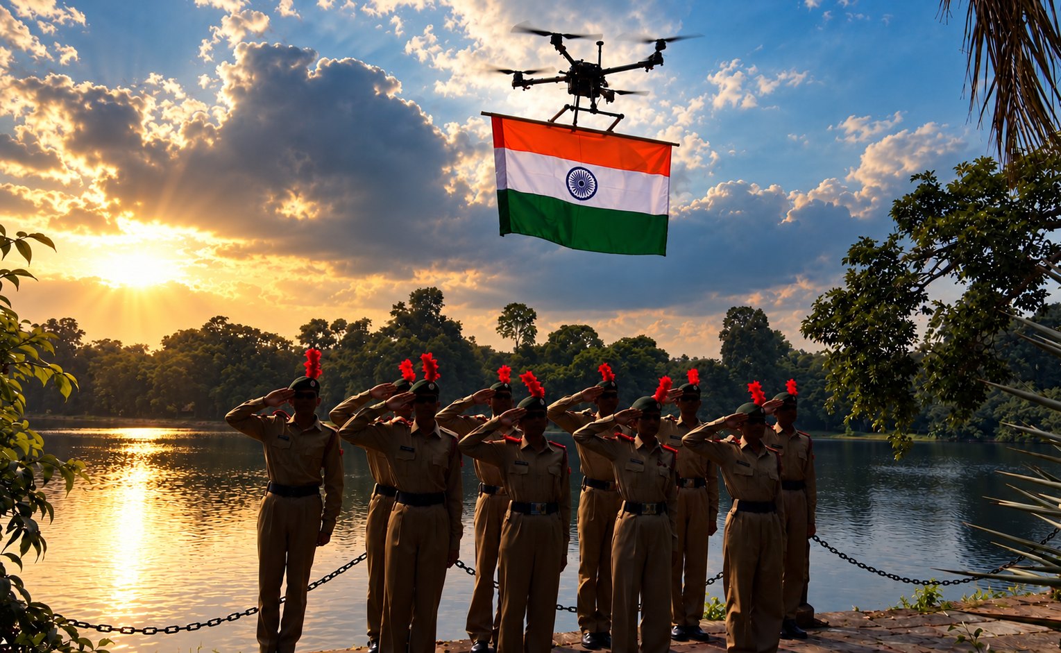 A Darkmatter® drone carrying the Indian flag over a lake at sunset